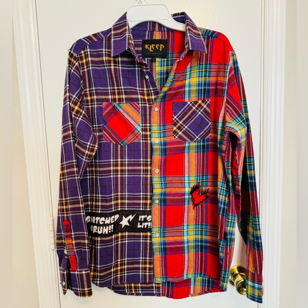Kleep COTE Premium Half & Half Flannel Button-Down Patchwork Shirt Men’s L